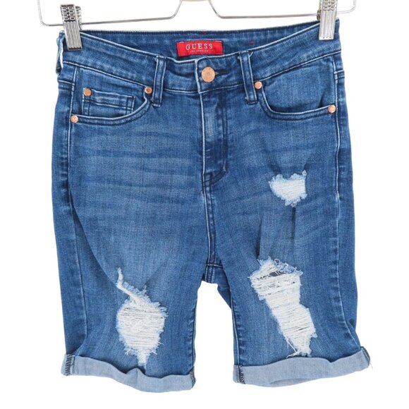 GUESS Womens 25 Roll Cuff Hem Distressed Blue Jean Denim Bermuda Shorts - Picture 1 of 10